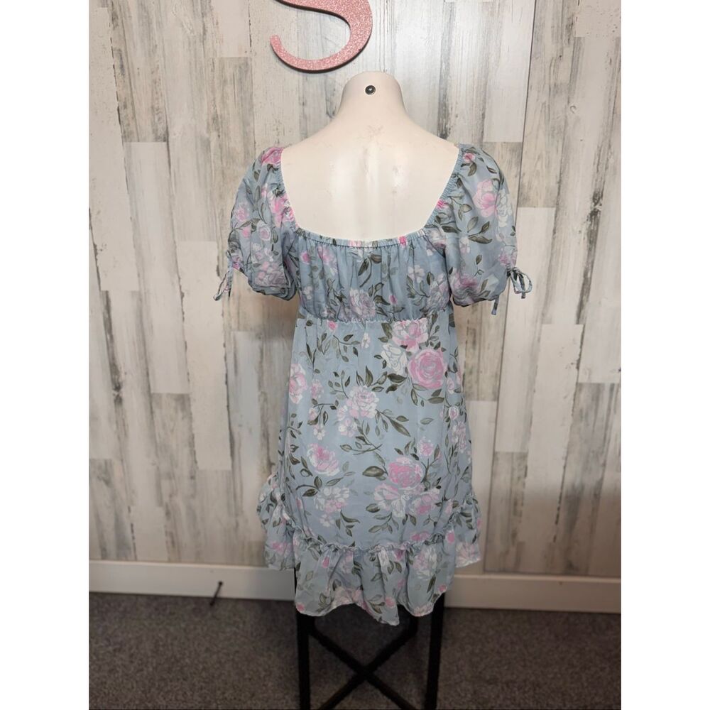 Derek Heart Floral Babydoll Dress Small Blue Pink Puff Sleeve Ruffle Hem - Picture 3 of 6